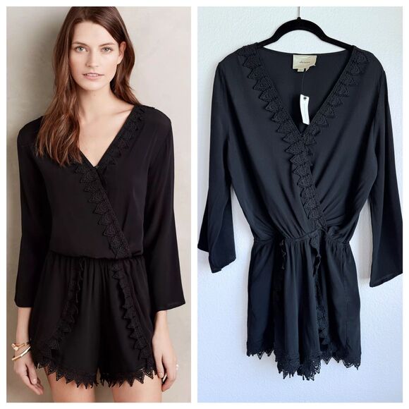 Anthropologie Pants - NWT Anthropologie Elevenses Lace-Trimmed Romper 3/4 Sleeves V-Neck in Black Sz M